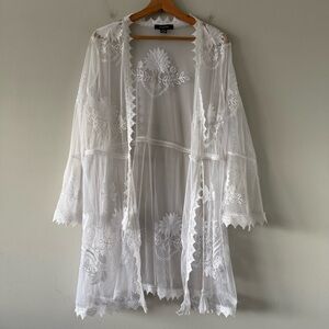 Boho Sheer Lace Embroidered Romantic Festival Kimono Duster Coverup Size M